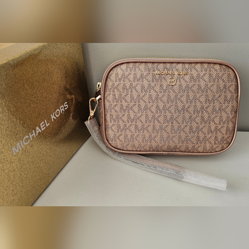 Michael Kors Rose Gold Clutch with Monogram Print